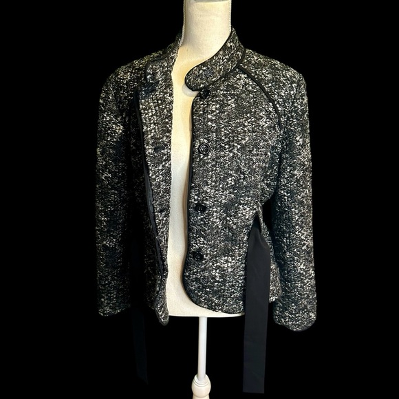 Sandro Black & White Marled Tweed Button Up Jacket with Black Satin Belt Sz XLP - Picture 13 of 15